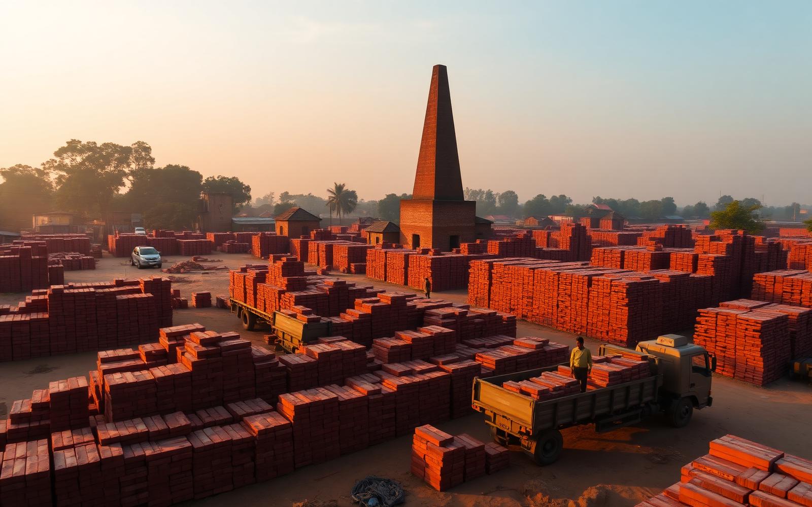 Brick field with stacks of red bricks at sunrise